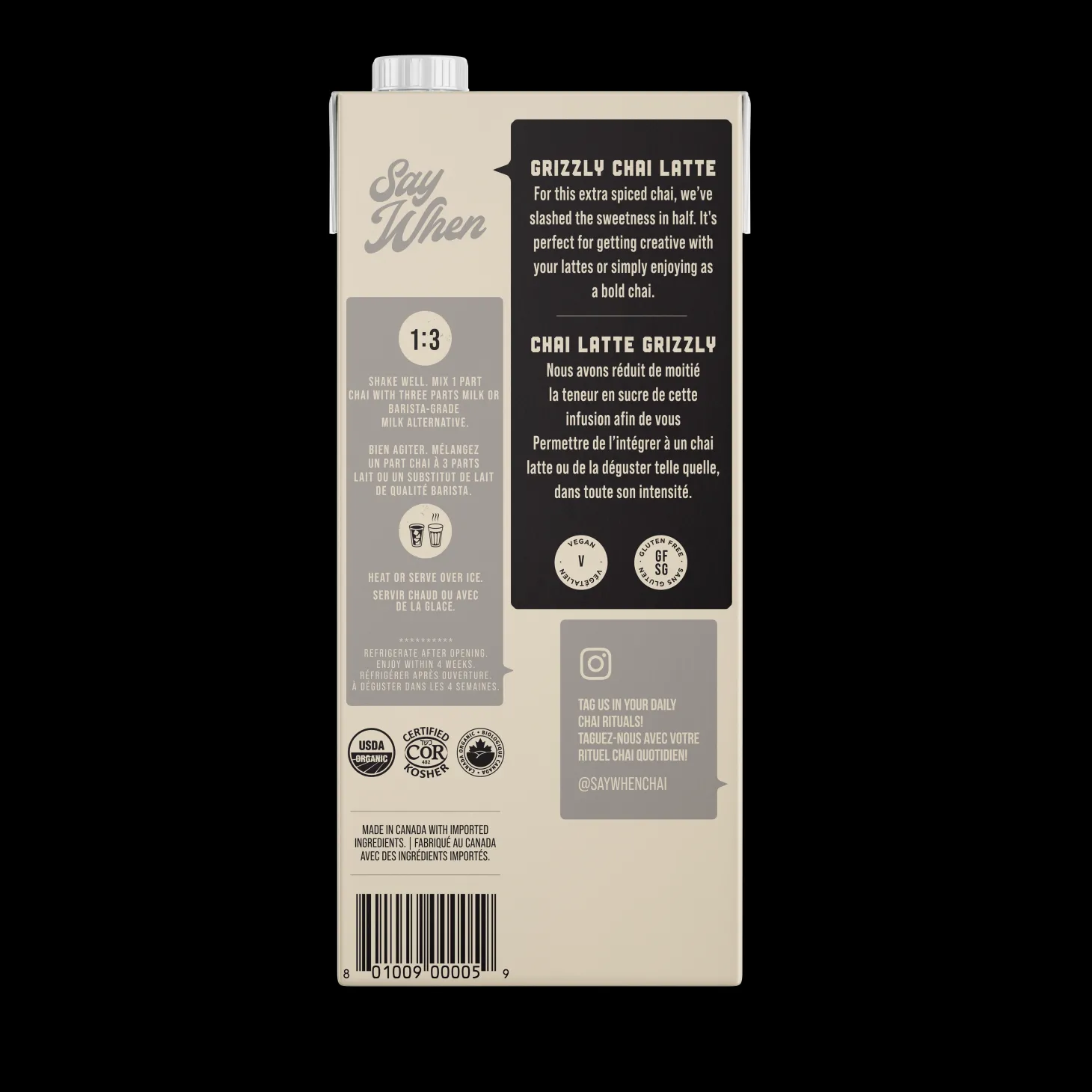 Milk, Plant-Based Drinks & Infused Chai|Chaï Teas>Ma Caféine Say When | Organic chai - Grizzly